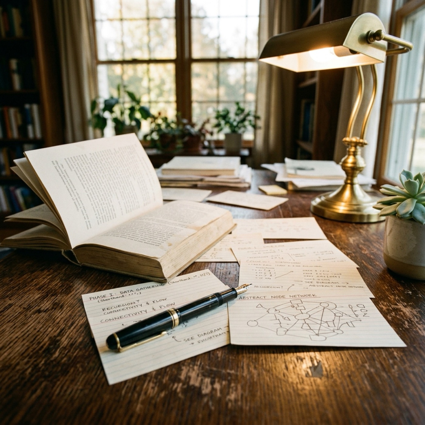 Desk with open books and scattered index cards