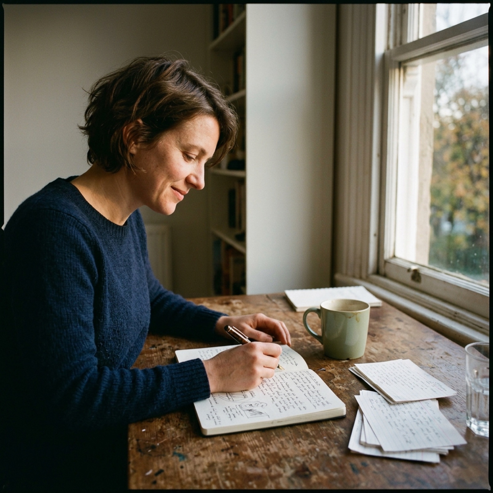 A thinker at a desk, notebook open, late-afternoon light