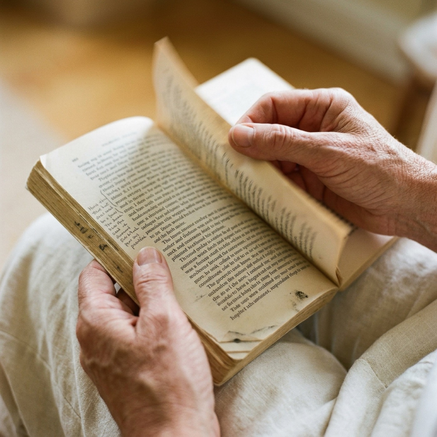 Hands turning a page in a worn book